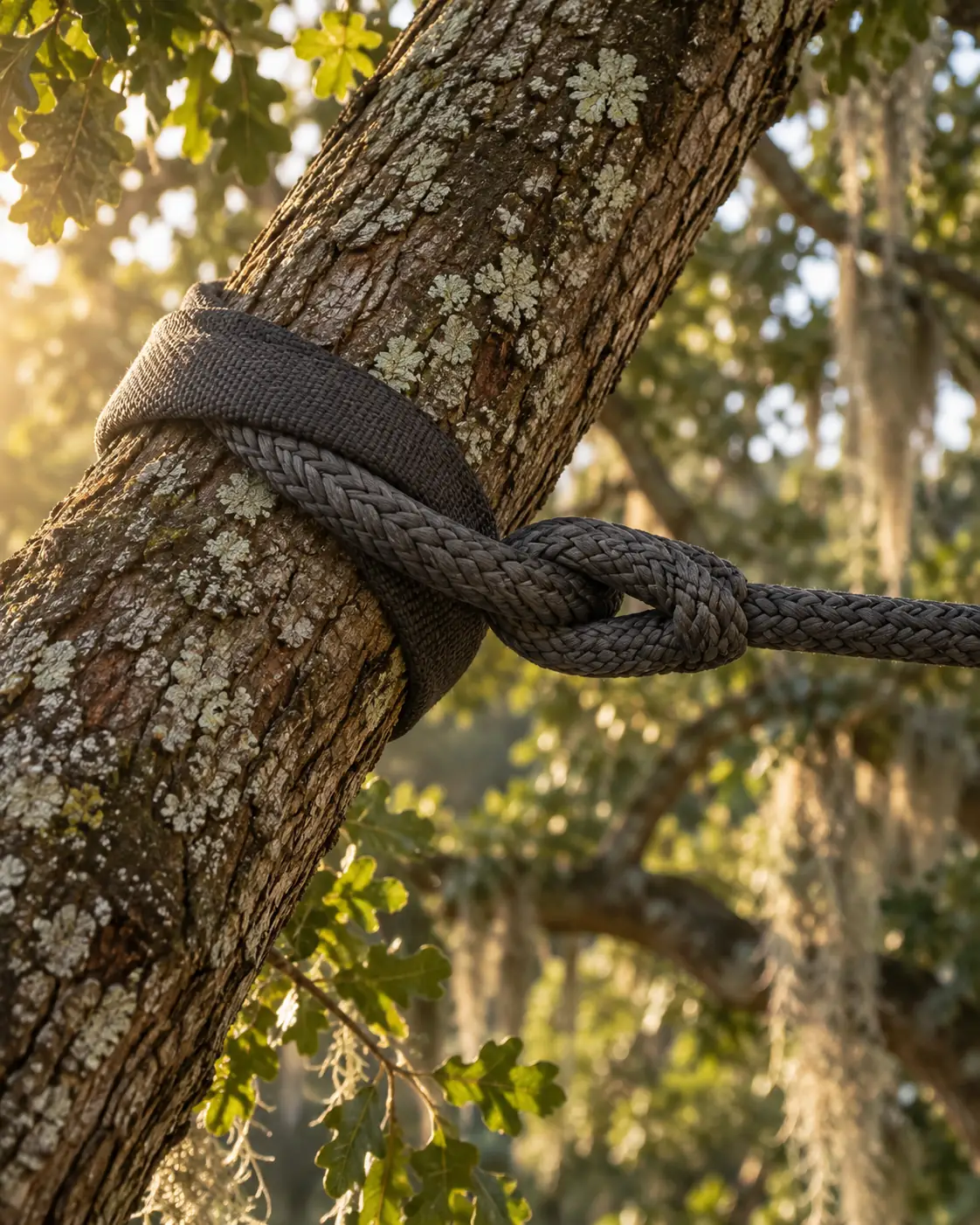 A flexible braided support rope looped around a younger oak limb