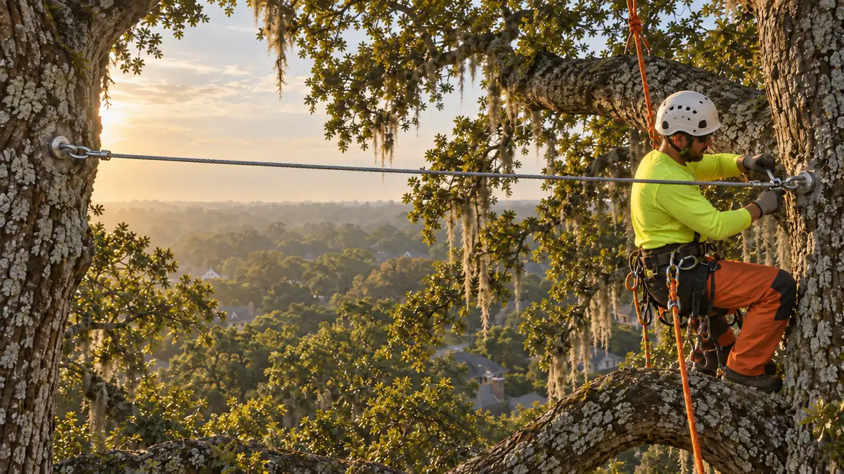 An Apex arborist tied in high in an oak, installing a steel support cable between two stems