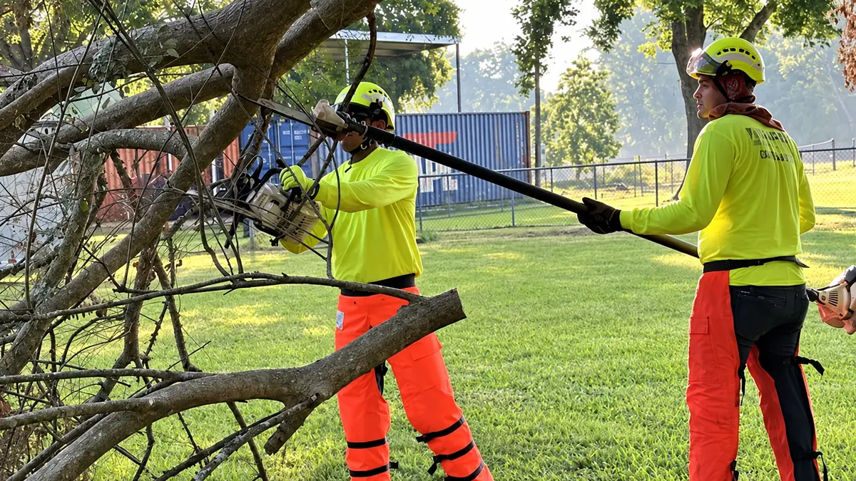 Two Apex crew members in hi-vis shirts cutting up a fallen limb