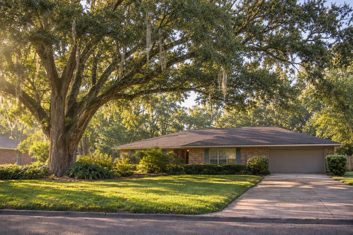 The same live oak after pruning, thinned and lifted clear of the roof