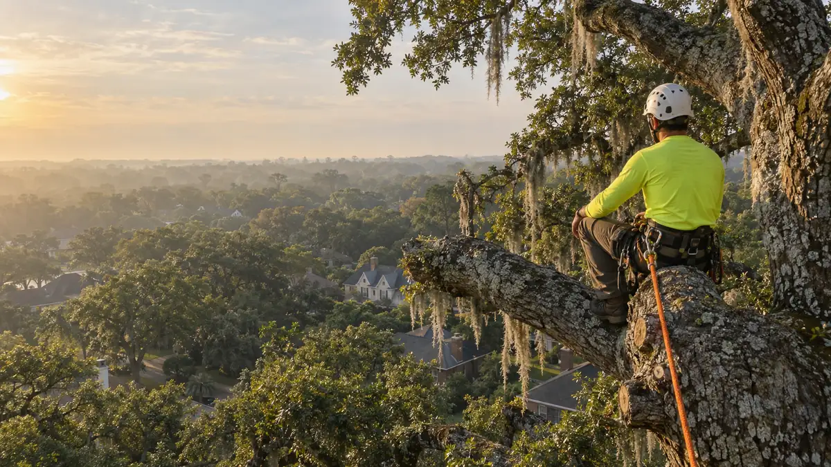 An Apex arborist tied in at the top of a live oak above a Lafayette neighborhood