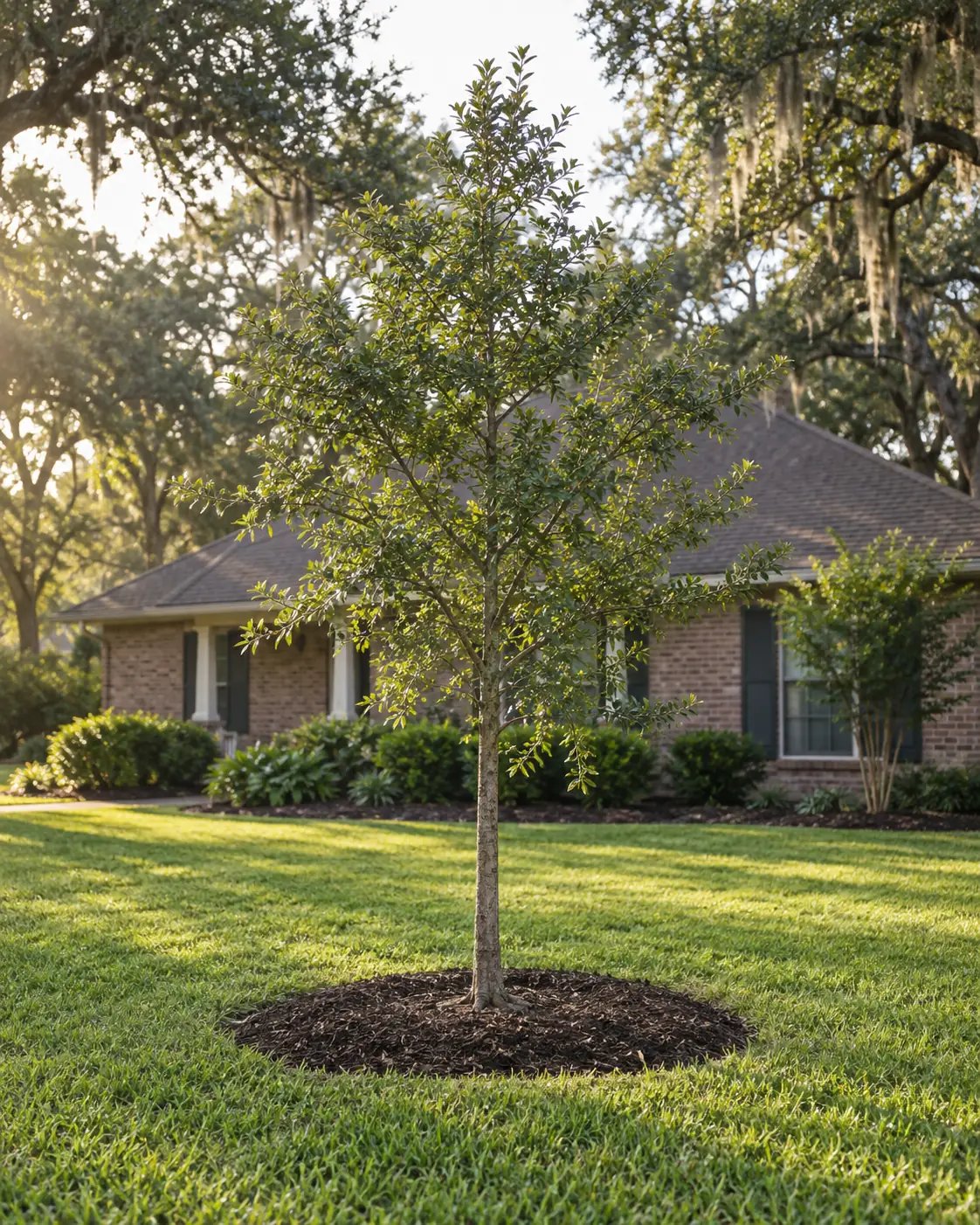 A young Live Oak, freshly planted with a ring of mulch