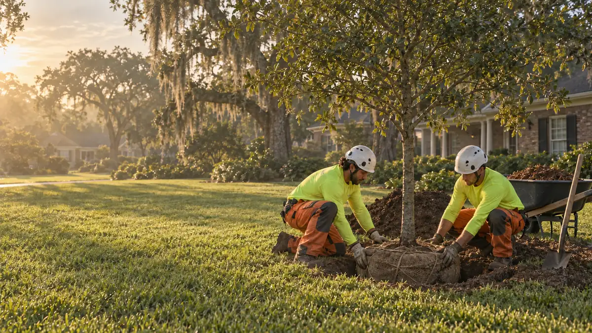 Two Apex crew members setting the root ball of a young live oak into a planting hole