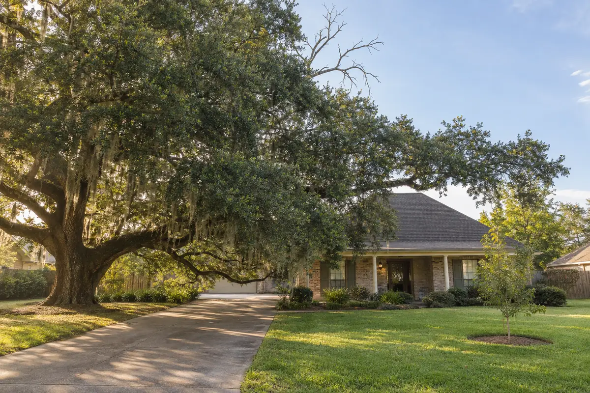 A large live oak in front of a brick house, with a young tree on the lawn