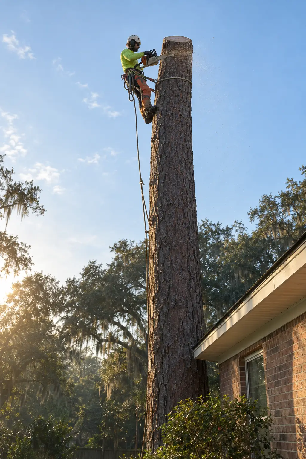 An arborist tied in near the top of a tall pine trunk beside a roof, making the next cut