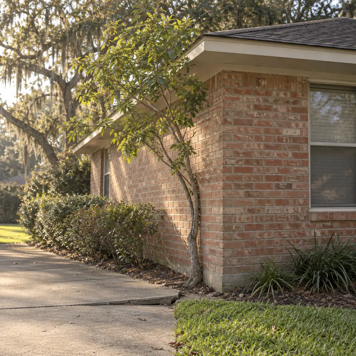 A small crooked tree growing against a brick house corner, lifting the driveway edge