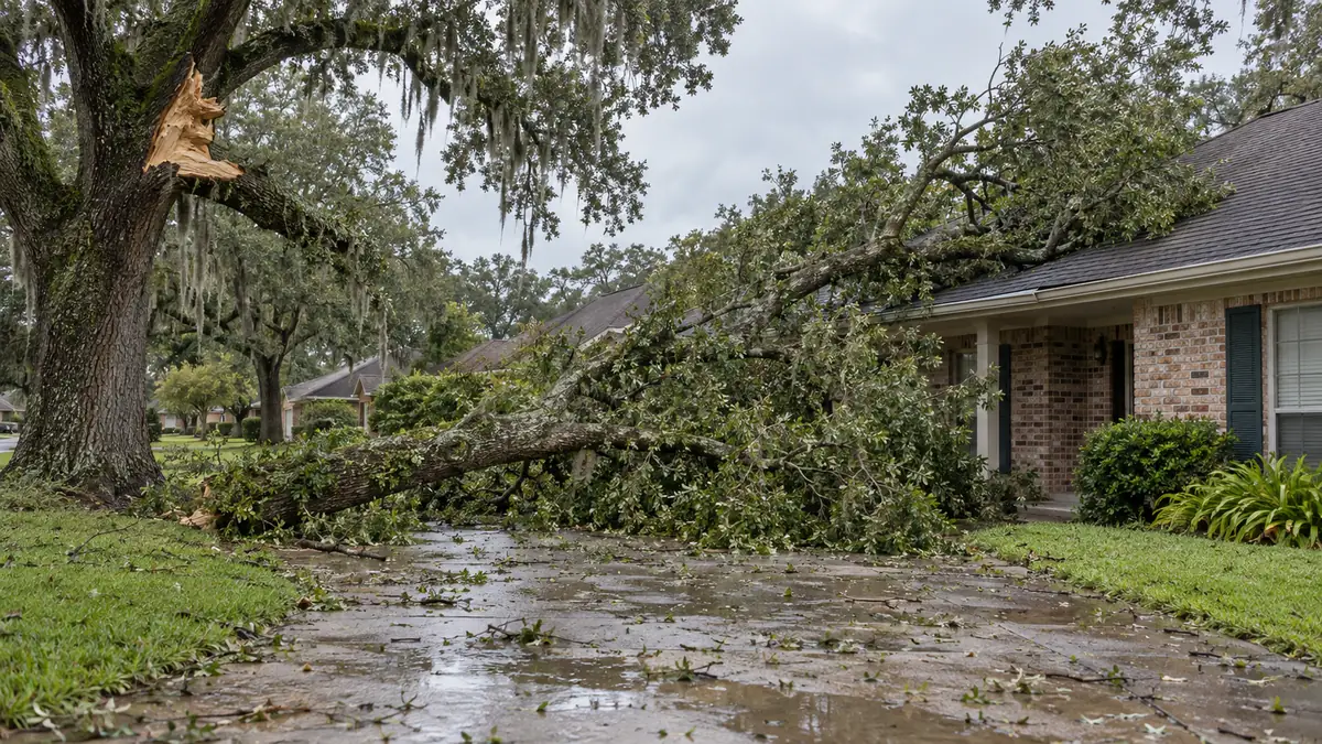A broken oak limb lying across a driveway and the edge of a roof after a storm