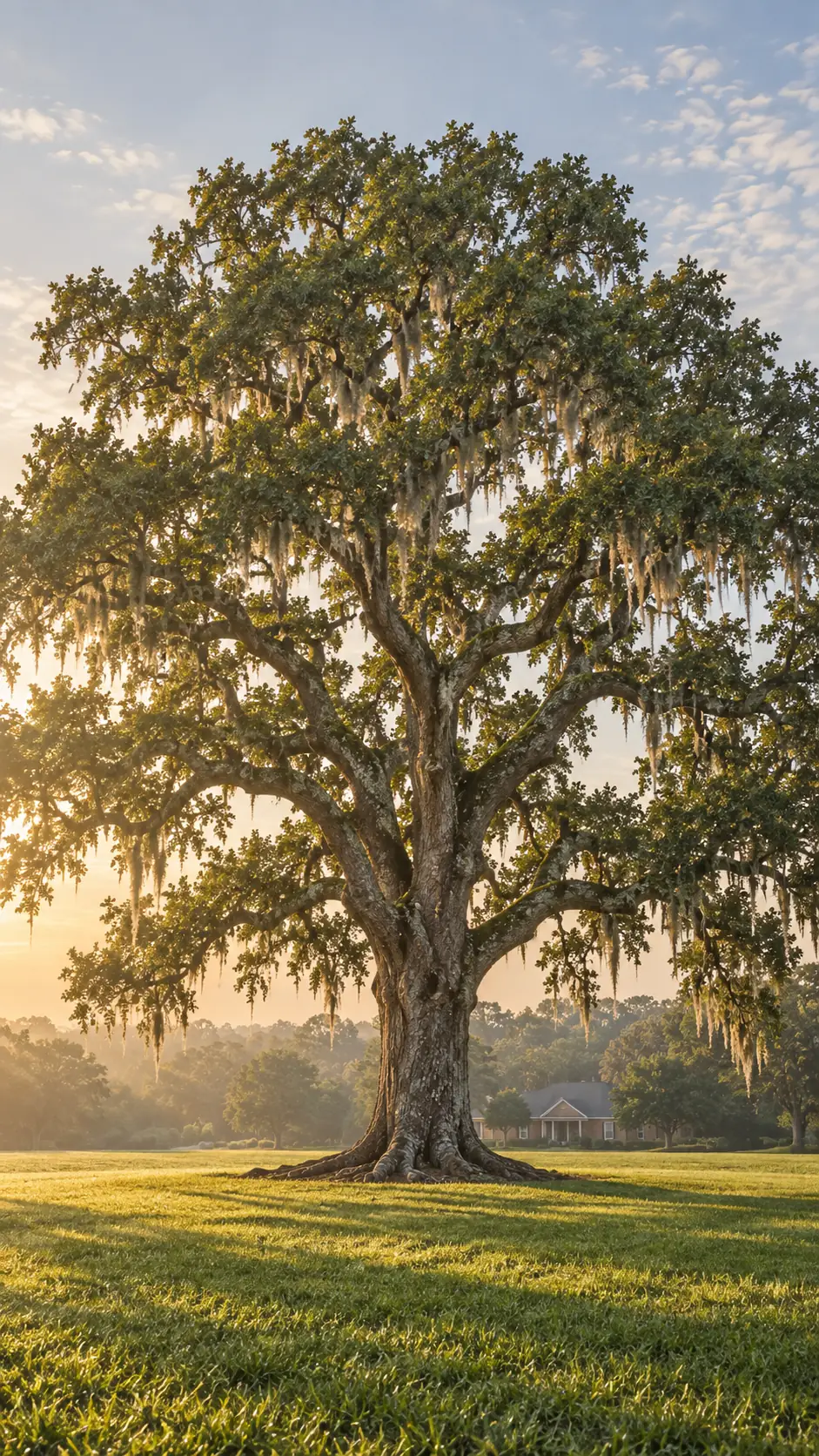 A whole live oak standing in a lawn, from crown to roots