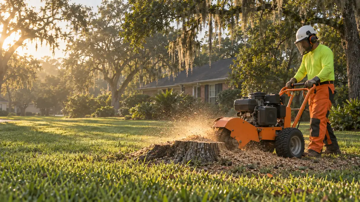 An Apex crew member grinding an oak stump with an orange stump grinder, chips flying